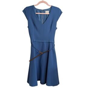 Reiss Nikita Panel Fit and Flare Belted Blue Dress